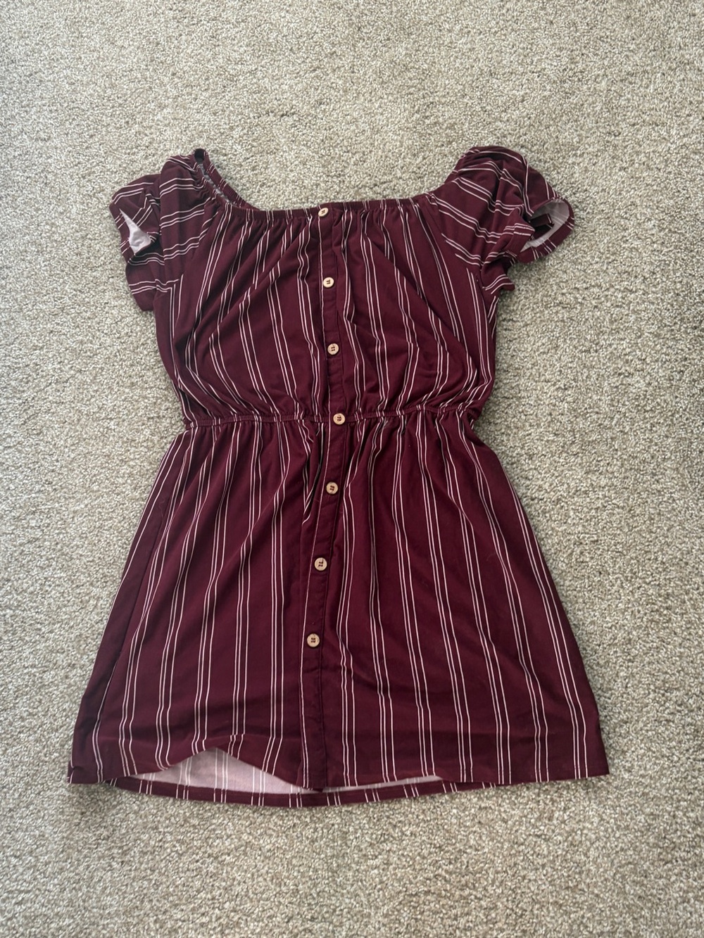 5 for $25Wishful Park Burgundy & White Striped Off-Shoulder Dress